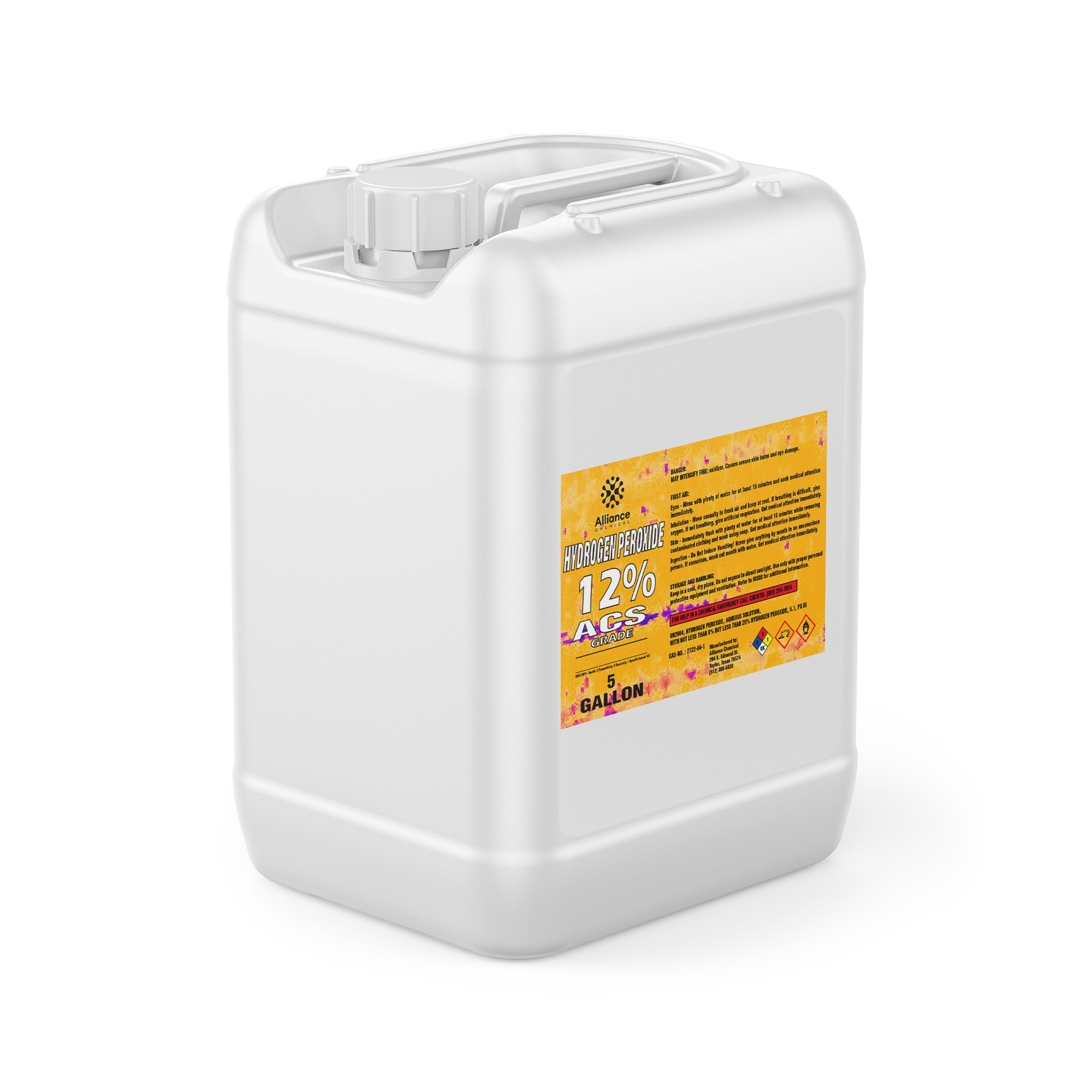 5-gallon white HDPE container of 12% ACS-grade hydrogen peroxide with yellow warning label, screw-cap closure and hazard symbols, Alliance Chemical brand.